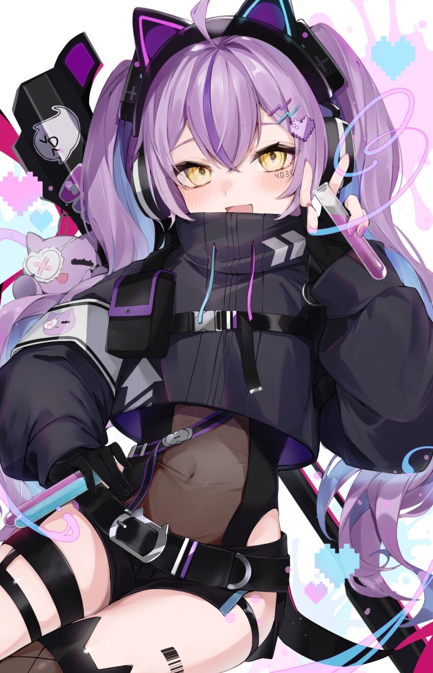 1girl, :d, ahoge, animal_ear_headphones, animal_ears, barcode, barcode_tattoo, black_bodysuit