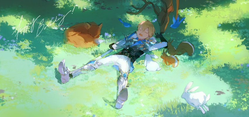 1boy, armor, belt, belt_buckle, bird, black_belt, black_gloves, blonde_hair, blue_bow, blue_flower, bluebird, bow, bracer, breastplate, buckle, chinese_commentary, chipmunk, closed_eyes, commentary_request, day, english_text, flower, fox, full_body, gloves, grass, hair_between_eyes, hair_bow, hand_on_own_stomach, happy_birthday, highres, huang_shaotian, huang_shaotian_(troubling_rain), long_sleeves, lying, making-of_available, male_focus, on_back, on_ground, open_mouth, outdoors, pants, pointy_shoes, ponytail, quan_zhi_gao_shou, rabbit, sabaton, shade, shirt, shoes, short_hair, short_ponytail, sleeping, solo, squirrel, sword, teeth, tree, troubling_rain, upper_teeth_only, weapon, white_flower, white_pants, white_shirt, white_shoes, white_sleeves, ye_miao_(fox-trot)