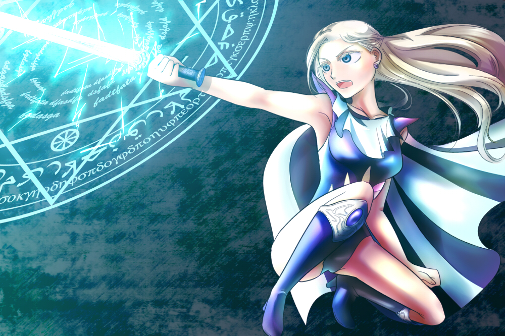 1990s_(style), 1girl, blonde_hair, blue_eyes, boots, cape, celes_chere, chiruru