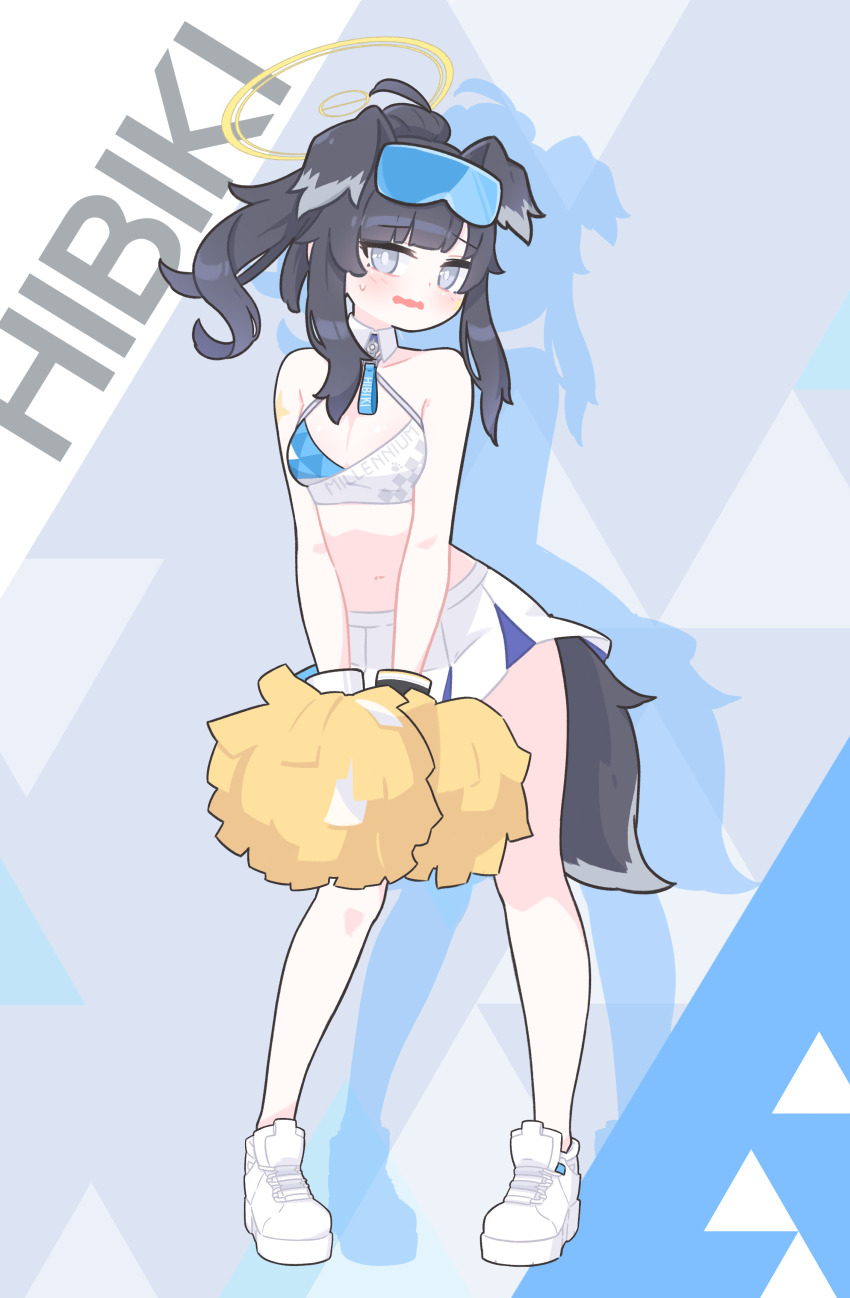 1girl, absurdres, animal_ears, black_hair, blue_archive, blue_background, blush, breasts