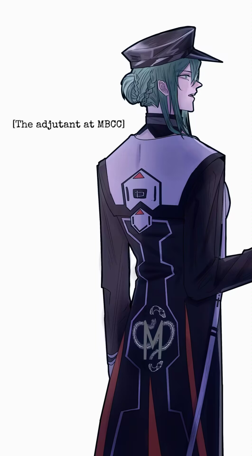 1girl, aqua_hair, black_coat, black_hat, braid, braided_bun, coat, commentary