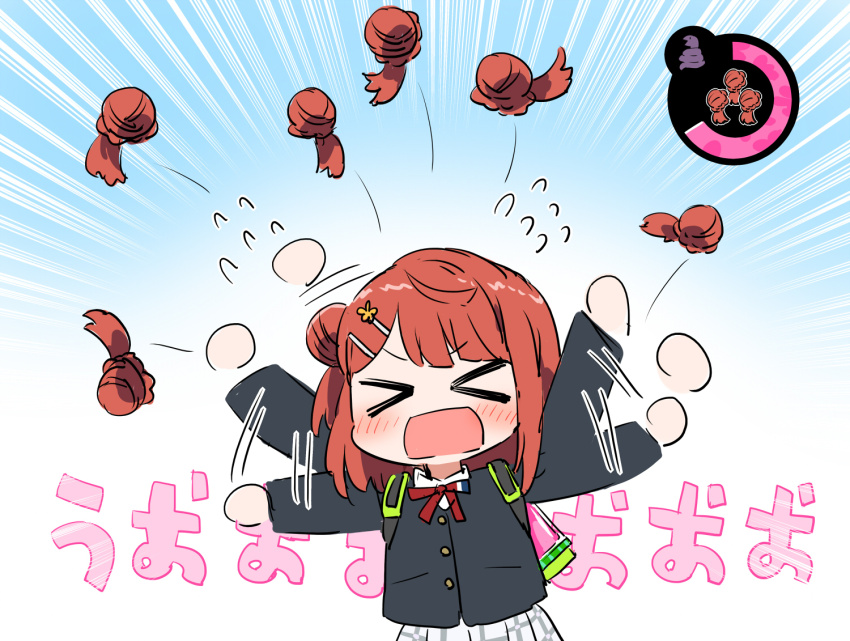 >_<, 1girl, afterimage, black_jacket, blunt_bangs, blush, bomb_rush_(splatoon), braid, braided_bun, bun_with_braided_base, buttons, collared_shirt, commentary, d:, deformed, detached_hair, dress_shirt, dx, flying_sweatdrops, gameplay_mechanics, hair_bun, hair_ornament, hairclip, half_updo, heads-up_display, ink_tank_(splatoon), jacket, kurokawa_makoto, long_sleeves, love_live!, love_live!_nijigasaki_high_school_idol_club, medium_hair, motion_lines, neck_ribbon, nijigasaki_school_uniform, nintendo, open_mouth, orange_hair, panicking, plaid_clothes, plaid_skirt, pleated_skirt, red_ribbon, ribbon, sasuke_(love_live!), school_uniform, shirt, single_side_bun, skirt, solo, splatoon_(series), swept_bangs, translation_request, uehara_ayumu, user_interface, v-shaped_eyebrows, white_shirt, white_skirt, winter_uniform