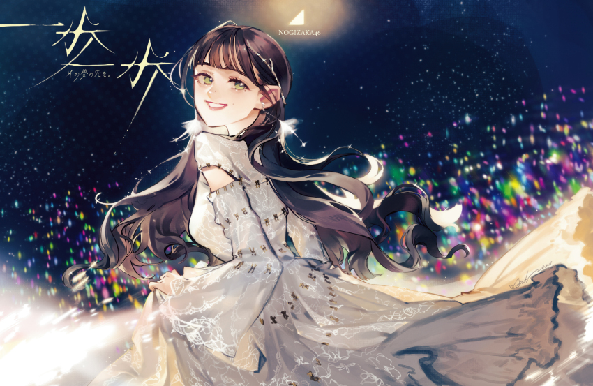 absurdres, aegyo_sal, black_hair, dress, green_eyes, highres, idol, itsu_ninaku