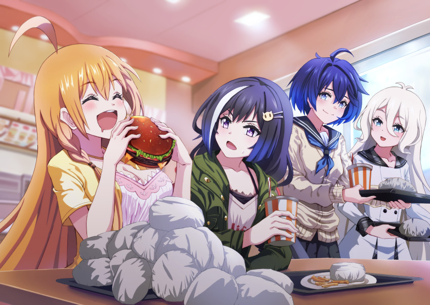 4girls, absurdres, ahoge, antenna_hair, blue_hair, blue_neckerchief, braid, breasts, brown_cardigan, burger, camisole, cardigan, cat_hair_ornament, cleavage, crossed_bangs, cup, curvy, disposable_cup, dress, food, french_fries, gradient_clothes, gradient_dress, green_jacket, grey_sailor_collar, hair_between_eyes, hair_bobbles, hair_ornament, hairclip, highres, jacket, jewelry, karyl_(princess_connect!), karyl_(real)_(princess_connect!), kokkoro_(princess_connect!), kokkoro_(real)_(princess_connect!), long_hair, long_shirt, multicolored_hair, multiple_girls, neckerchief, necklace, open_clothes, open_jacket, orange_hair, pecorine_(princess_connect!), pecorine_(real)_(princess_connect!), pendant, pink_camisole, plaid_clothes, plaid_sailor_collar, princess_connect!, rabenga, sailor_collar, school_uniform, sheffy_(princess_connect!), sheffy_(real)_(princess_connect!), side_braid, streaked_hair, white_hair