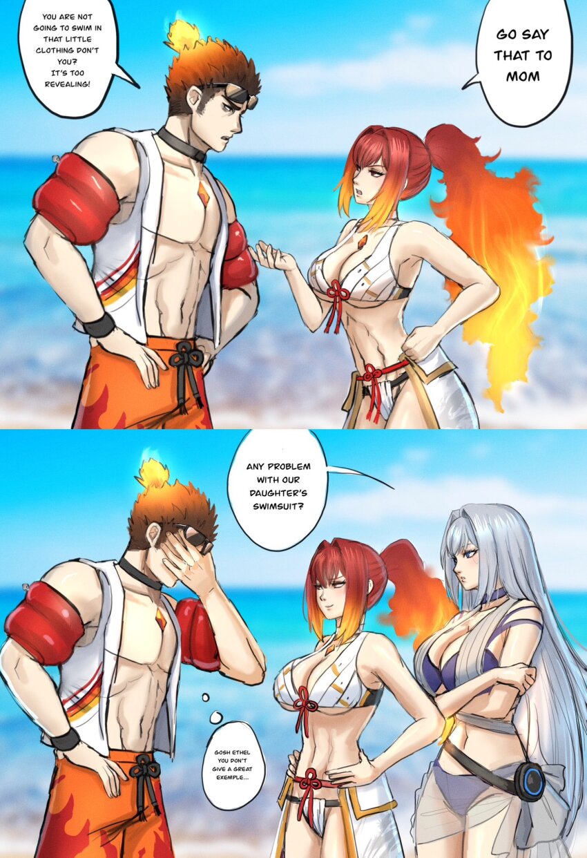 1boy, 2girls, 2koma, arms_under_breasts, beach, bikini, breasts, brown_hair, cammuravi_(xenoblade), cleavage, comic, crossed_arms, english_text, ethel_(xenoblade), father_and_child, father_and_daughter, grey_eyes, grey_hair, hand_on_own_hip, hands_on_own_hips, height_difference, highres, large_breasts, legs, long_hair, moonllita, mother_and_child, mother_and_daughter, multiple_girls, navel, ocean, parent_and_child, parted_lips, pointy_hair, ponytail, red_eyes, red_hair, sarong, see-through_clothes, shorts, smile, sunglasses, swimsuit, thighs, toned, water, xenoblade_chronicles_(series)