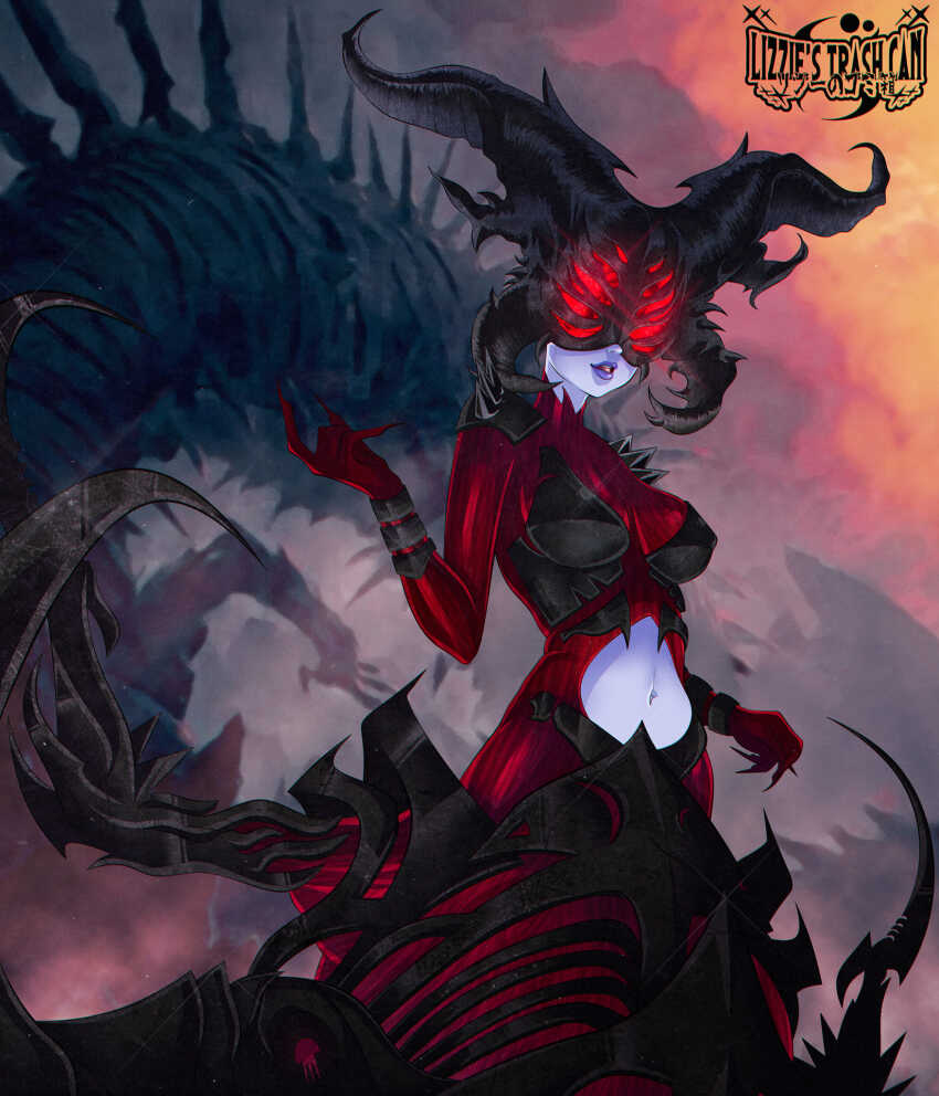 1girl, arm_up, artist_logo, artist_name, blue_lips, blue_skin, bodice, bodysuit