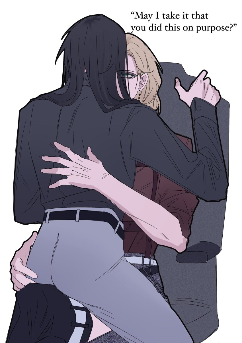 2girls, black_hair, black_shirt, blonde_hair, chair, chief_(path_to_nowhere), collared_shirt, commentary, earrings, english_text, female_chief_(path_to_nowhere), grey_pants, hand_on_another's_ass, hand_on_another's_back, highres, jewelry, jian1017, langley_(path_to_nowhere), long_hair, long_sleeves, multiple_girls, pants, path_to_nowhere, red_shirt, shirt, simple_background, sitting, sitting_on_lap, sitting_on_person, sleeves_rolled_up, white_background, yuri