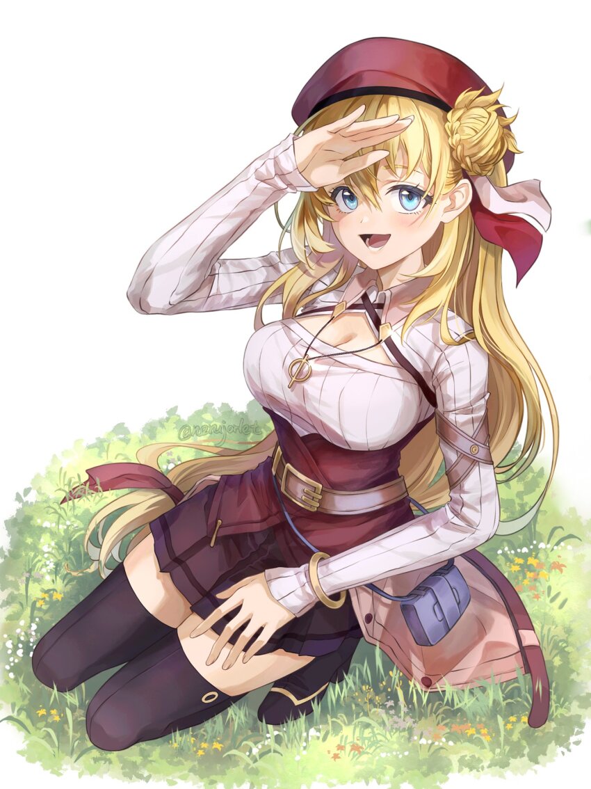1girl, agnes_claudel, bag, beret, blonde_hair, bracelet, braid, braided_bun, breasts, cleavage_cutout, clothing_cutout, eiyuu_densetsu, grass, hair_between_eyes, hair_bun, handbag, hat, highres, jewelry, kneeling, kuro_no_kiseki_(series), kuro_no_kiseki_i, large_breasts, long_hair, nerujorlet, on_ground, pendant, ribbed_sweater, single_hair_bun, skirt, smile, solo, sweater, thighhighs, white_background