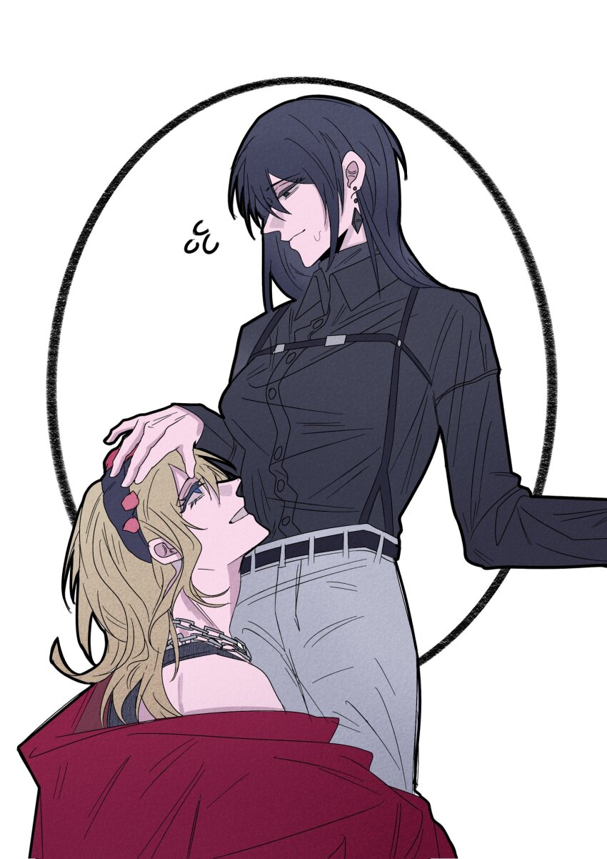 2girls, bianca_(path_to_nowhere), black_eyes, black_hair, black_shirt, blonde_hair, chain, chain_necklace, chief_(path_to_nowhere), closed_mouth, collared_shirt, commentary, earrings, female_chief_(path_to_nowhere), flying_sweatdrops, grey_pants, hand_on_another's_head, highres, jacket, jewelry, jian1017, long_hair, long_sleeves, multiple_girls, necklace, off_shoulder, pants, path_to_nowhere, red_jacket, shirt, simple_background, smile, sweat, white_background, yuri