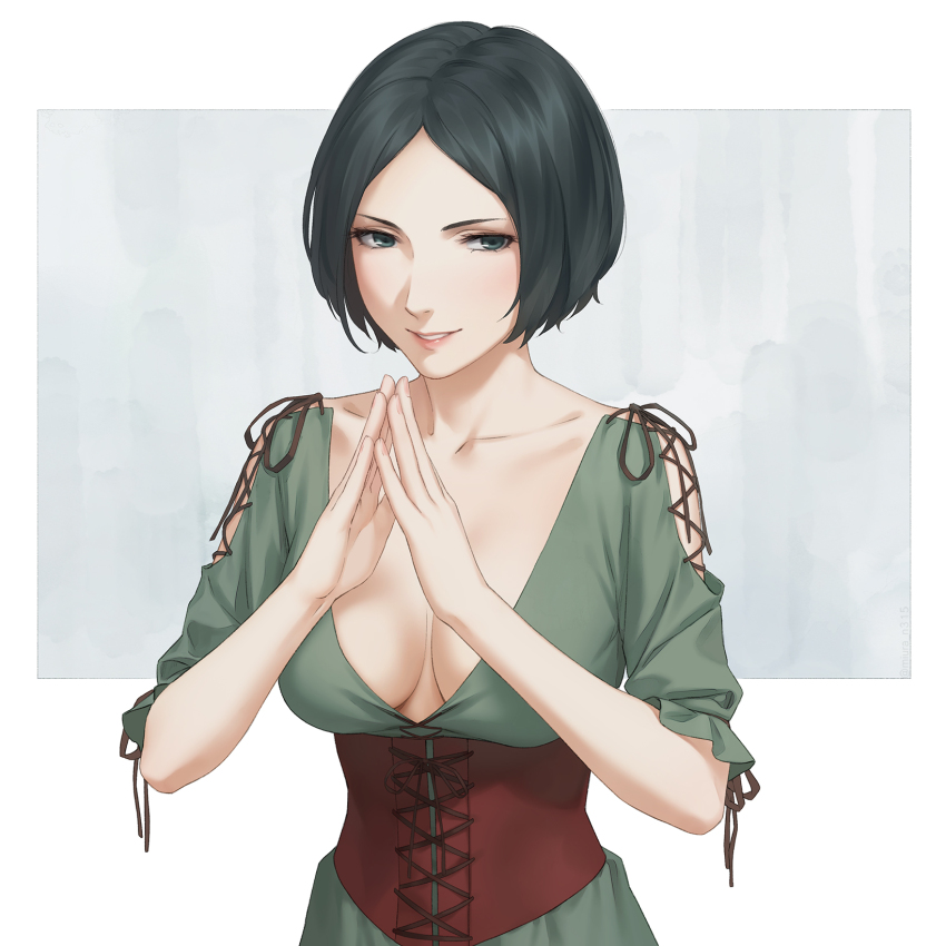 1girl, black_hair, border, breasts, character_request, cleavage, collarbone, commentary, english_commentary, fata_morgana_no_yakata, grey_background, grey_eyes, highres, large_breasts, miura-n315, outside_border, own_hands_together, pink_lips, short_hair, smile, solo, steepled_fingers, teeth, upper_body, white_border