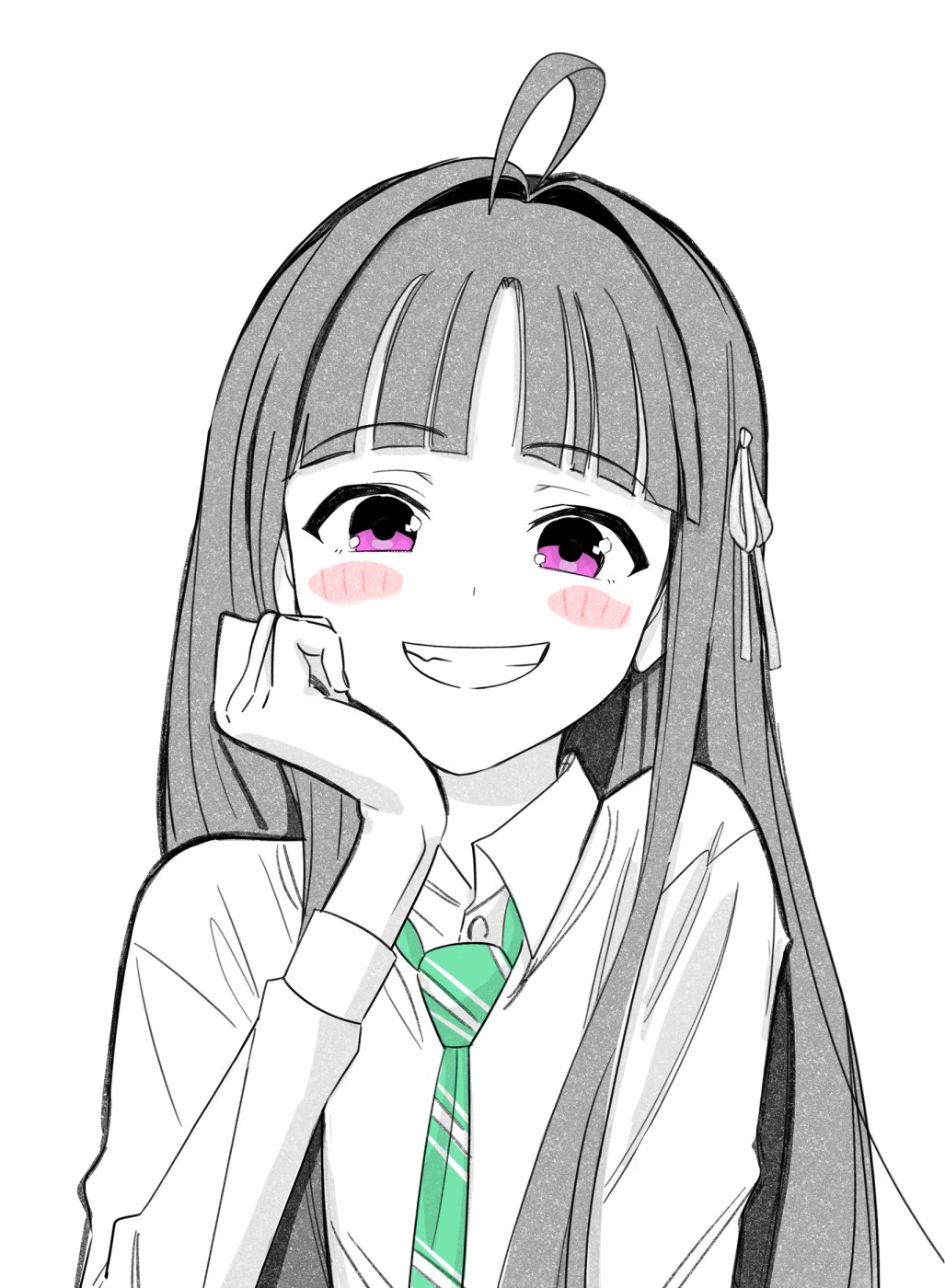 1girl, ahoge, awa_subaru, black_hair, blush, clenched_teeth, collared_shirt, commentary_request