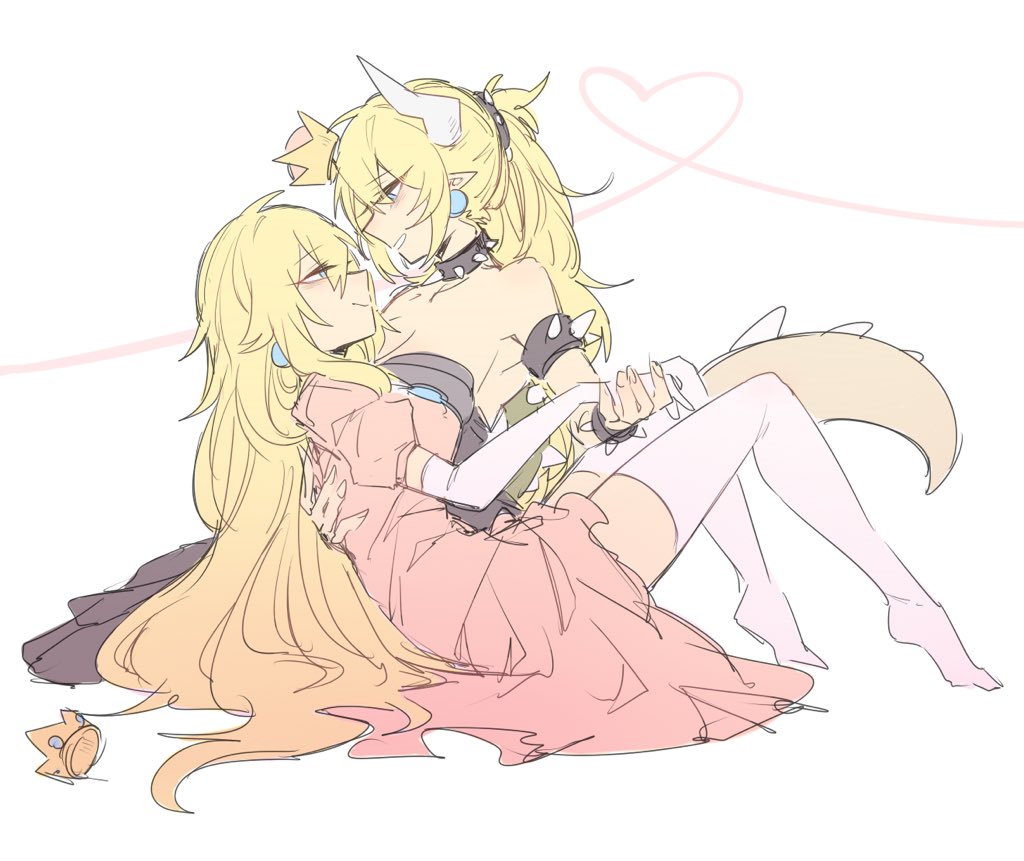 2girls, black_dress, blonde_hair, blue_eyes, bowsette, bracelet, breasts, collar