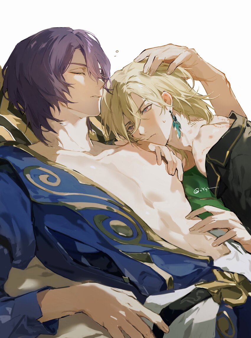 2boys, annoyed, aventurine_(anan)_(honkai:_star_rail), aventurine_(honkai:_star_rail), bite_mark, blonde_hair, covering_nipples, covering_one_nipple