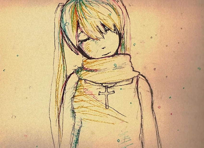 christmas_morgue_(vocaloid), cross, closed_eyes, hachi_(hati), hatsune_miku, jewelry, multicolored_hair, necklace, scarf, sketch, solo, twintails, vocaloid
