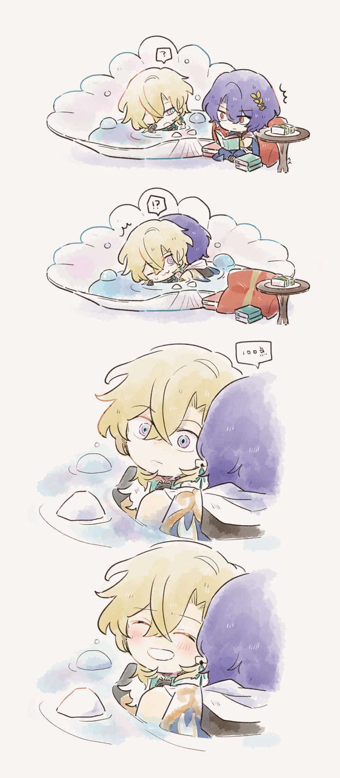 2boys, aventurine_(honkai:_star_rail), blonde_hair, blue_hair, book, cheesegohanpan, chibi, dr._ratio_(honkai:_star_rail)