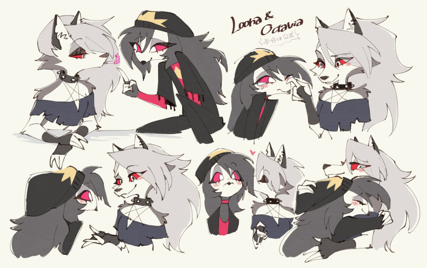 2girls, beanie, black_gloves, black_hair, black_hat, black_shirt, blush, bright_pupils