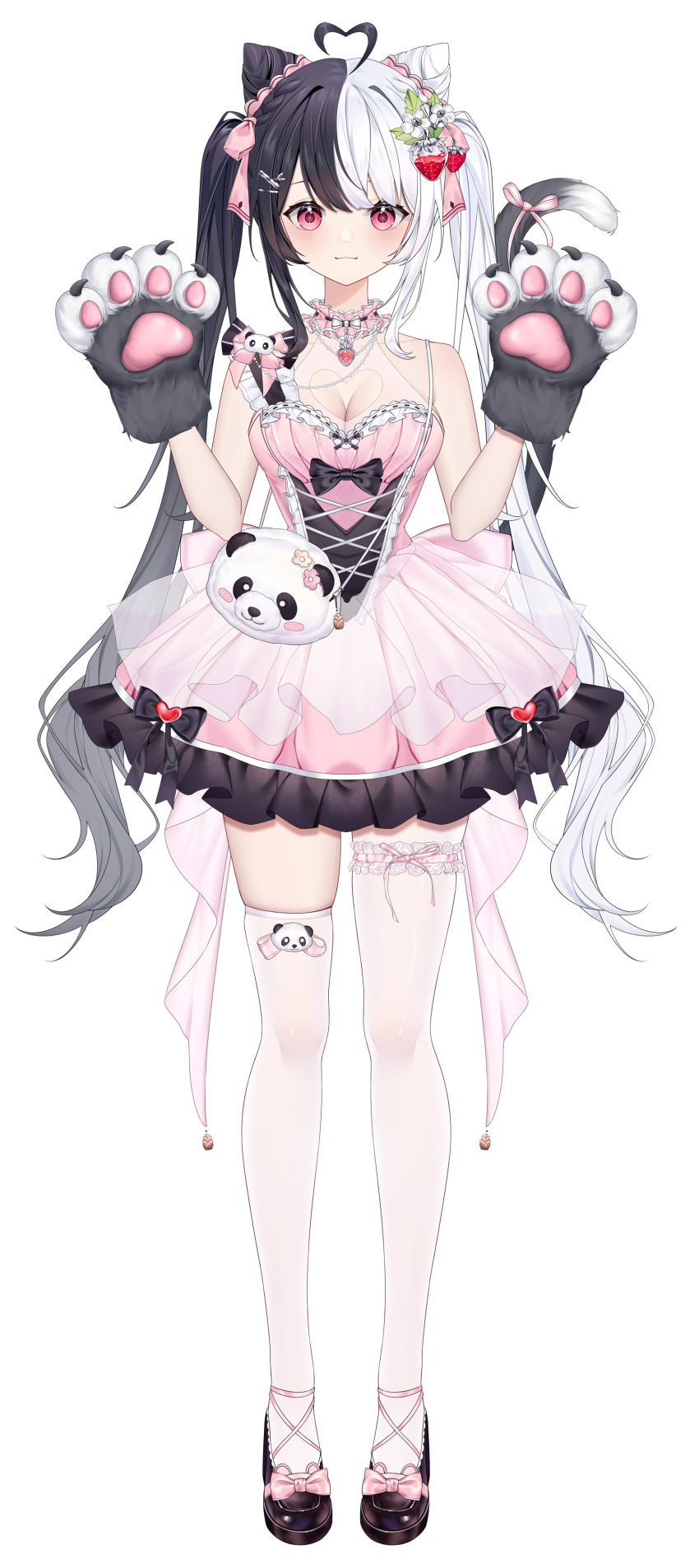 1girl, :3, absurdres, ahoge, animal_hands, back_bow, bare_arms, bare_shoulders