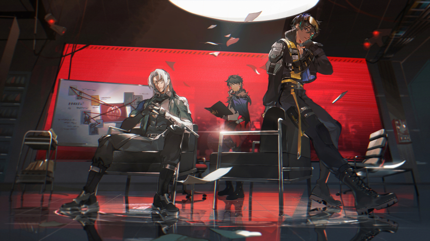 3boys, :t, abs, absurdres, aqua_hair, bandaged_arm, bandages, bandaid