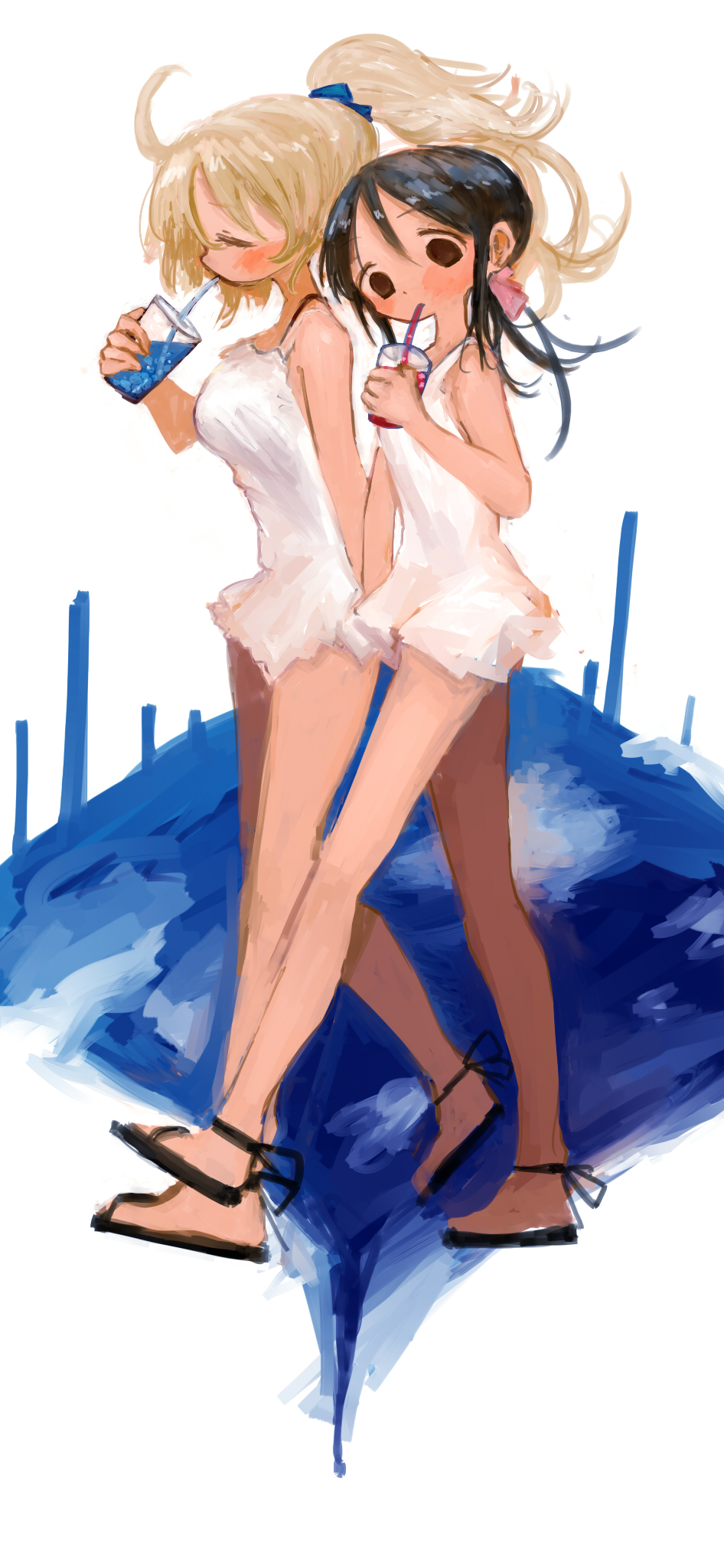 2girls, ahoge, black_eyes, black_hair, blonde_hair, blush, breasts, chito_(shoujo_shuumatsu_ryokou)