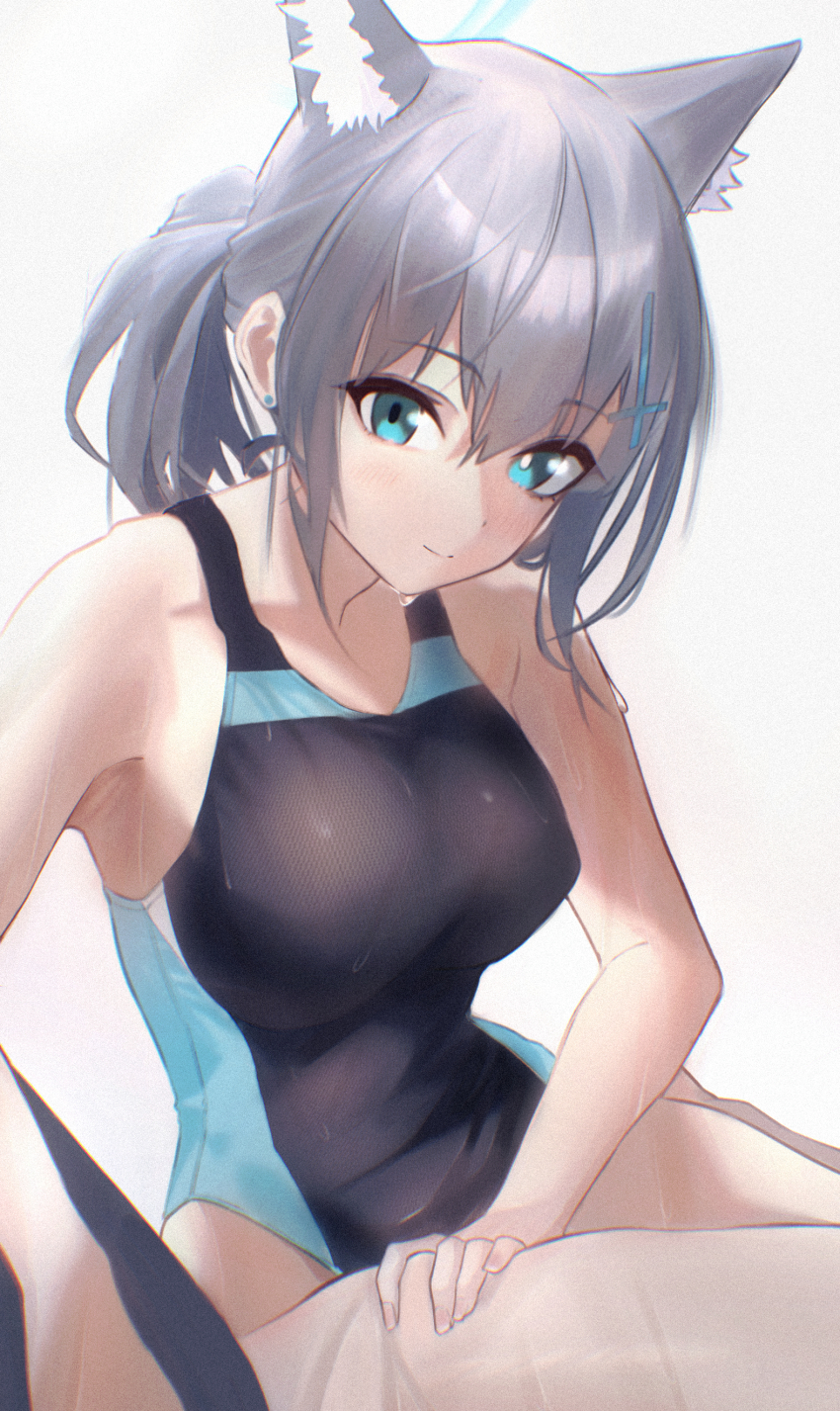 1girl, absurdres, aiueottoman, animal_ear_fluff, animal_ears, black_one-piece_swimsuit, blue_archive, blue_eyes