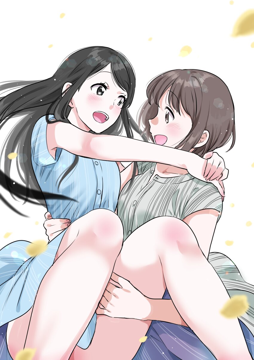 2girls, absurdres, black_hair, blush, breasts, brown_hair, eye_contact, falling_leaves