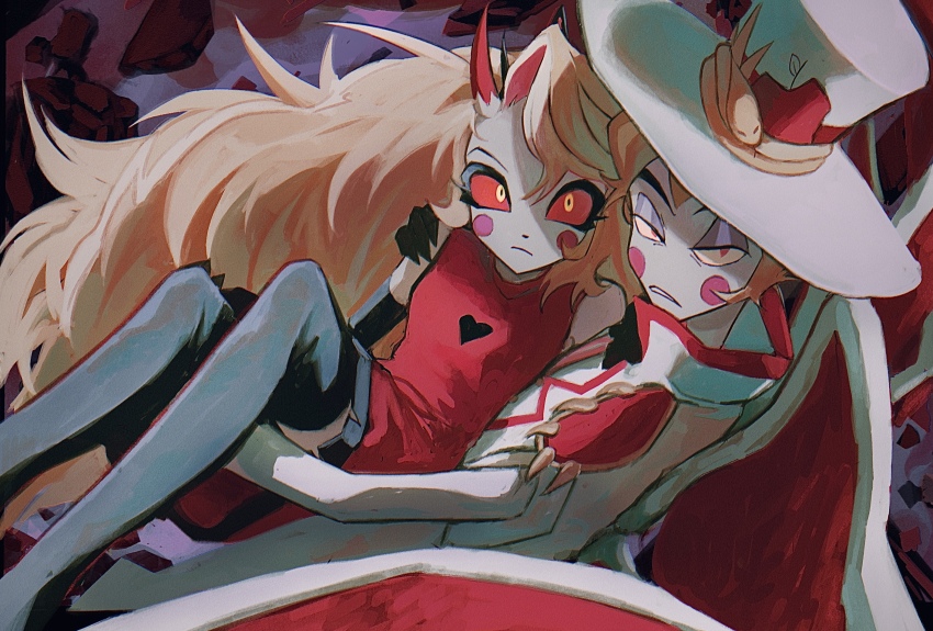 1boy, 1girl, black_thighhighs, blonde_hair, charlie_morningstar, demon_boy, demon_girl, dress, father_and_child, father_and_daughter, hazbin_hotel, hellaverse, highres, looking_at_viewer, lucifer_morningstar_(hazbin_hotel), nnnml134, parent_and_child, red_dress, thighhighs
