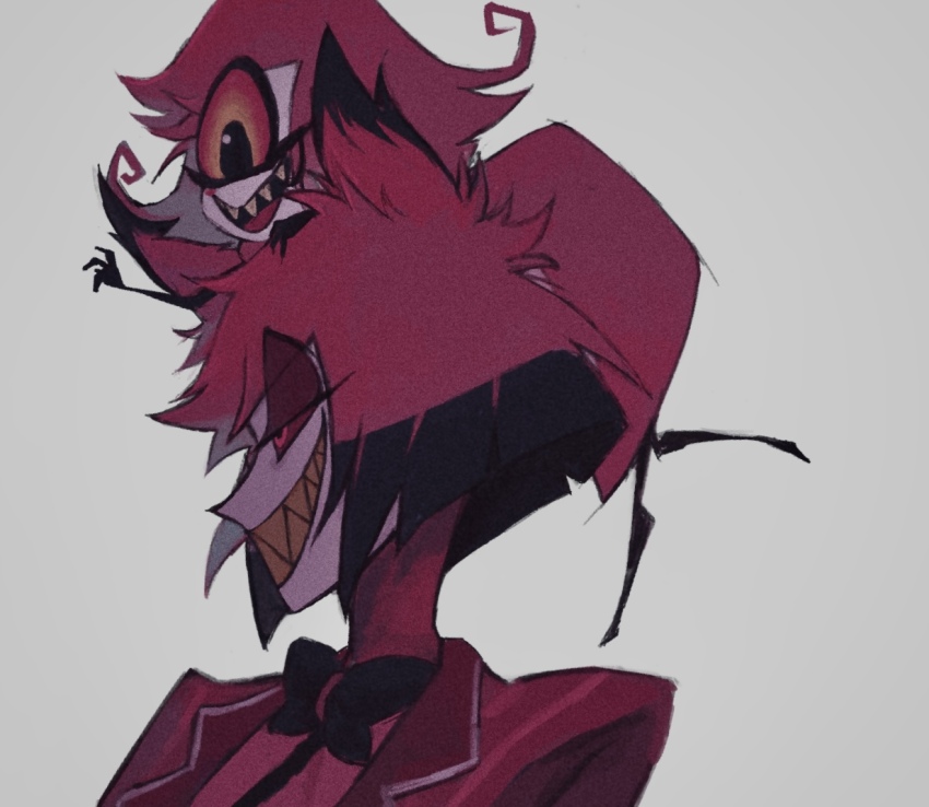 1boy, 1girl, alastor_(hazbin_hotel), demon_boy, demon_girl, evil_grin, evil_smile, grin, hazbin_hotel, hellaverse, looking_to_the_side, niffty_(hazbin_hotel), nnnml134, one-eyed, red_hair, short_hair, smile