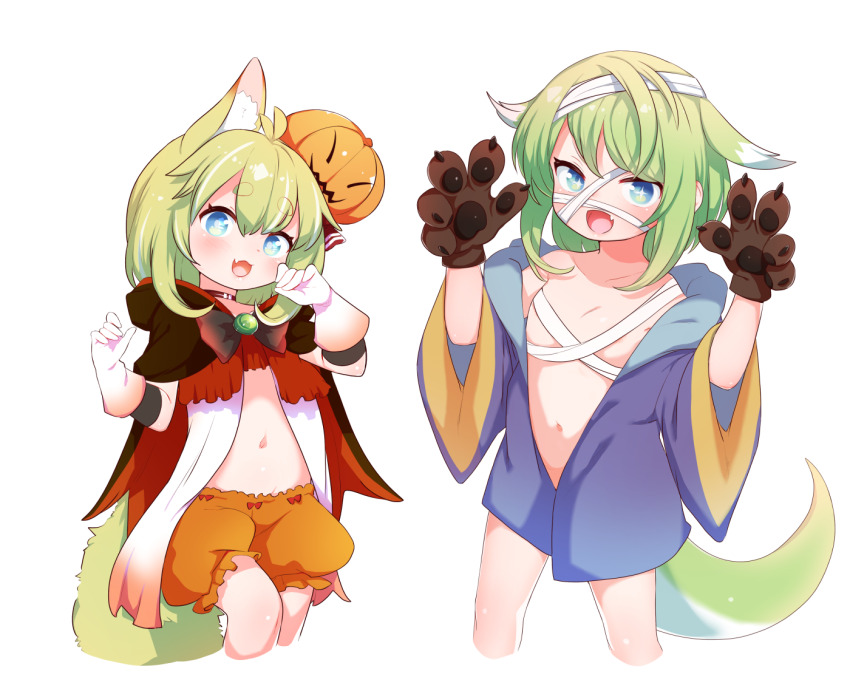 2girls, animal_ears, animal_hands, antenna_hair, babalilo, bandaged_head, bandages, bloomers