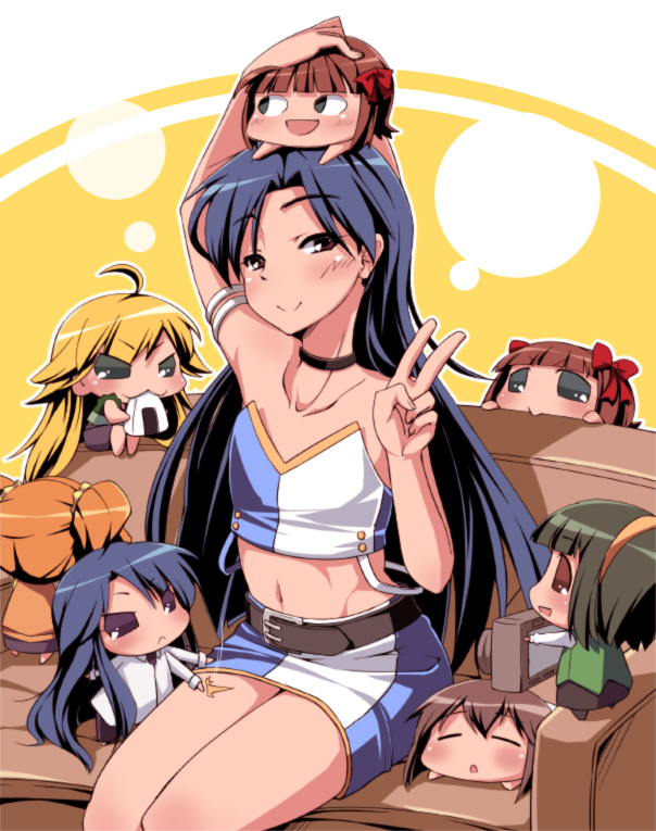6+girls, :3, :d, afuu, ahoge, amami_haruka, arm_up, armband, belt, black_eyes, blonde_hair, blue_hair, blush, bon_(moegomi), bow, brown_eyes, brown_hair, camera, chibi, chibi_on_head, chihyaa, choker, cool_&amp;_sexy_(idolmaster), couch, closed_eyes, food, hagiwara_yukiho, hair_bow, hairband, haruka-san, hoshii_miki, idolmaster, idolmaster_(classic), kisaragi_chihaya, long_hair, midriff, multiple_girls, navel, nonowa, object_on_head, on_head, onigiri, open_mouth, otonashi_kotori, pencil_skirt, piyopiyo, puchimasu!, short_hair, shorts, sitting, skirt, smile, strap_slip, takatsuki_yayoi, twintails, v, yayo, yukipo