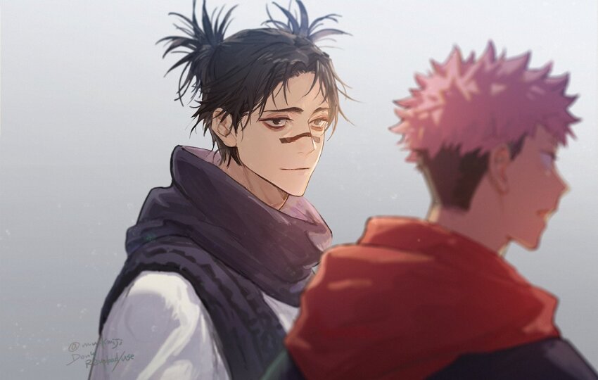 2boys, black_hair, blurry, choso_(jujutsu_kaisen), closed_mouth, depth_of_field, double_bun, facial_tattoo