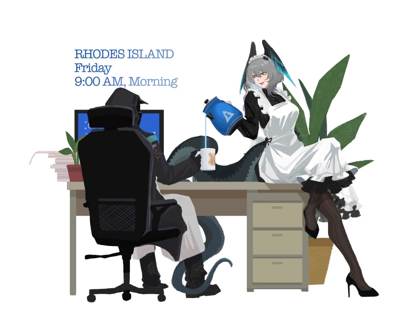 1girl, 1other, absurdres, apron, aqua_eyes, arknights, black_coat, black_pantyhose