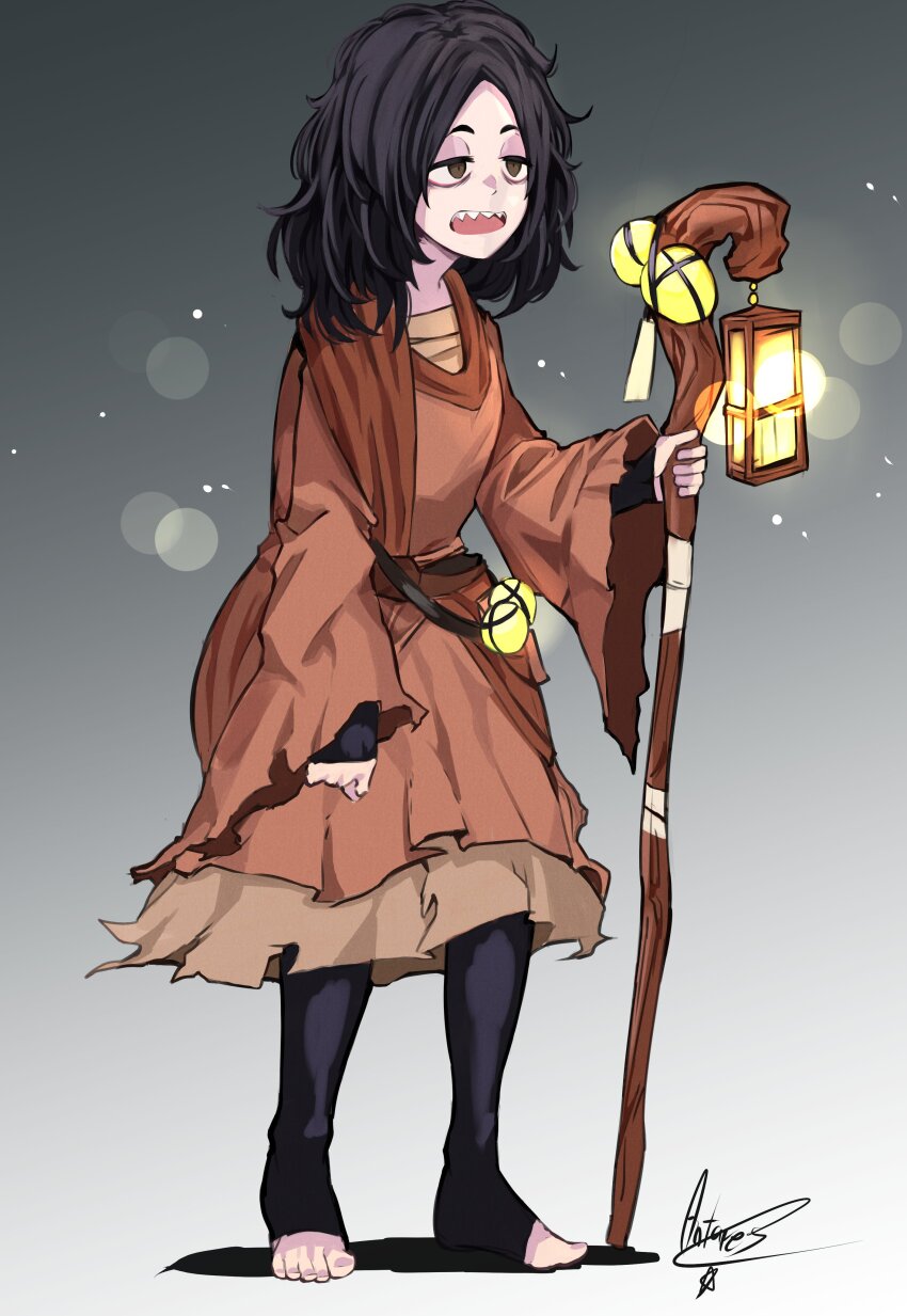 1girl, absurdres, antares_topaz, bags_under_eyes, bandaged_object, black_hair, character_request, commission, empty_eyes, feet, gloom_(expression), gradient_background, grey_background, grey_eyes, highres, holding, holding_staff, lantern, lens_flare, long_sleeves, medium_hair, messy_hair, open_mouth, original, pale_skin, sharp_teeth, signature, solo, staff, teeth, toeless_legwear, toenails, toes, torn_clothes, upper_teeth_only, white_background