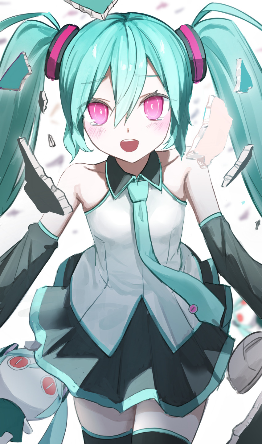 1girl, absurdres, alternate_eye_color, aqua_hair, aqua_necktie, bare_shoulders, black_skirt, black_sleeves