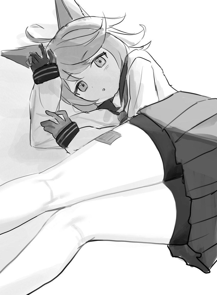 1girl, absurdres, ahoge, animal_ears, bike_shorts, blue_archive, commentary_request, dot_nose, double-parted_bangs, feet_out_of_frame, fox_ears, gloves, grey_background, greyscale, highres, legs, light_blush, long_sleeves, looking_at_viewer, lying, miniskirt, mishio_(misio_40), monochrome, missing_halo, on_side, otogi_(blue_archive), pleated_skirt, sailor_collar, school_uniform, serafuku, shorts, shorts_under_skirt, sidelocks, simple_background, skirt, solo, thighs