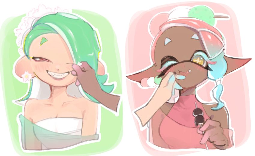 2girls, absurdres, asymmetrical_hair, blue_eyes, blue_hair, blush, chest_sarashi, closed_mouth, collarbone, colored_eyelashes, crop_top, cropped_torso, dango, dango_earrings, dark-skinned_female, dark_skin, disembodied_hand, earrings, eating, fangs, flower, flower_earrings, food, food-themed_earrings, food_on_face, food_on_head, frye_(splatoon), frye_(springfest)_(splatoon), gradient_hair, green_hair, green_shawl, grin, hair_flower, hair_ornament, hair_tie, highres, holding, holding_food, inkling, jewelry, long_pointy_ears, mainichi_yamucha, medium_hair, multicolored_eyes, multicolored_hair, multiple_girls, nintendo, object_on_head, octoling, official_alternate_costume, one_eye_closed, pink_flower, pink_hair, pink_shawl, pink_shirt, pointy_ears, red_eyes, sarashi, see-through_clothes, see-through_shawl, shawl, shirt, shiver_(splatoon), shiver_(springfest)_(splatoon), short_eyebrows, smile, splatoon_(series), splatoon_3, star-shaped_pupils, star_(symbol), symbol-shaped_pupils, tentacle_hair, two-tone_eyes, two-tone_hair, wagashi, wiping_face, x_hair_ornament, yellow_eyes