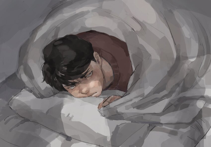 1boy, black_eyes, black_hair, highres, indoors, lying, mtmr_0721, on_stomach