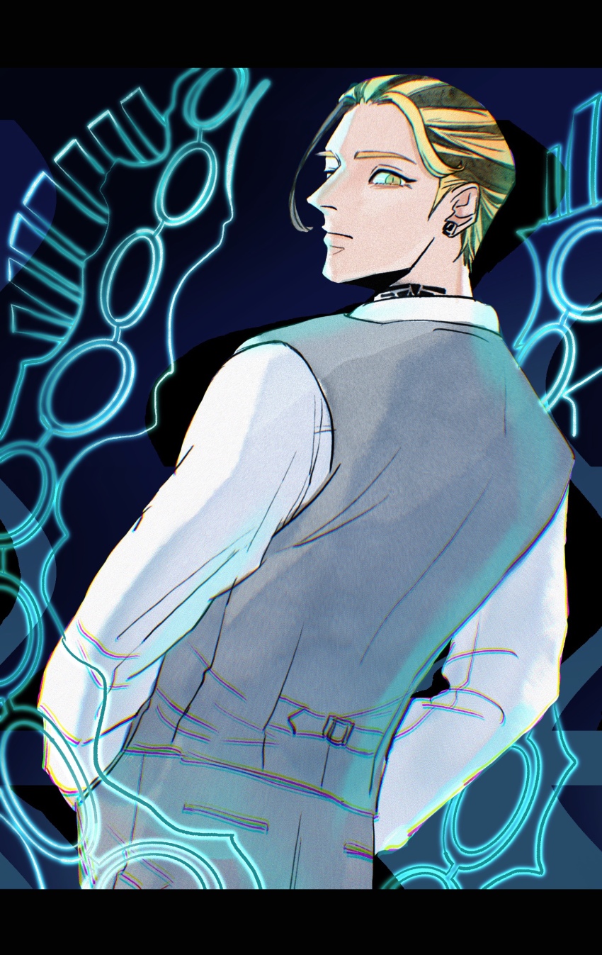 1boy, absurdres, black_hair, blonde_hair, dmokad, earrings, formal_clothes, grey_vest