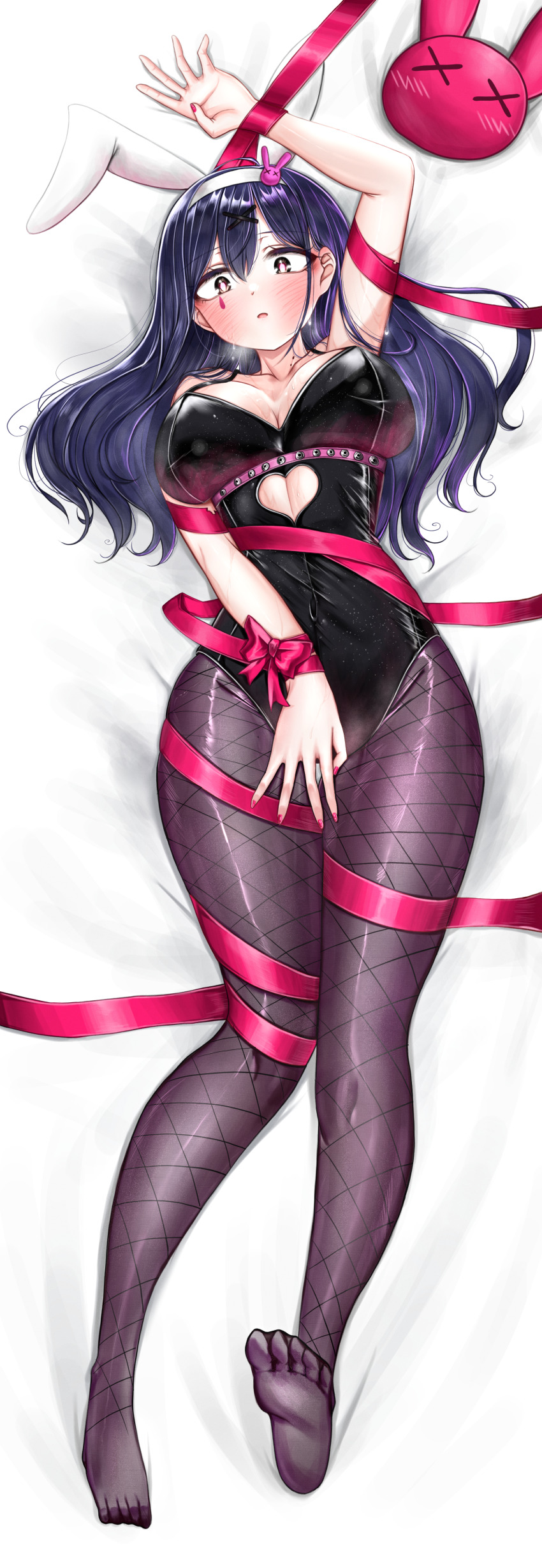 1girl, absurdres, animal_ears, ao_tanuki, arm_up, bare_shoulders, bed_sheet, black_leotard