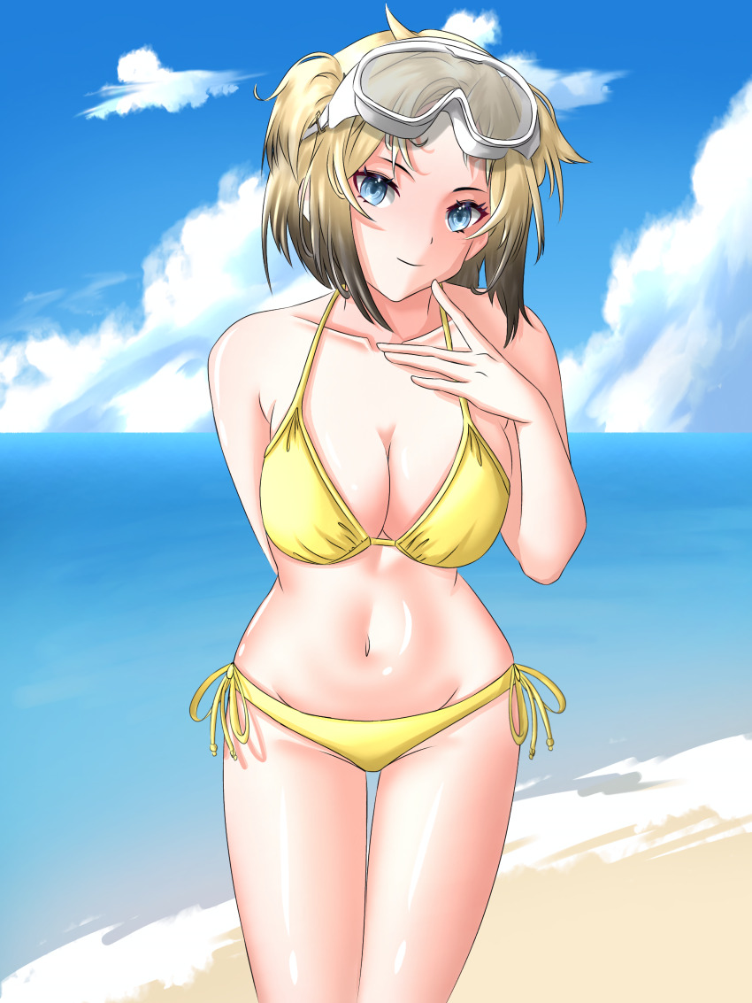 1girl, absurdres, ahomushi994, beach, bikini, blonde_hair, blue_eyes, commission