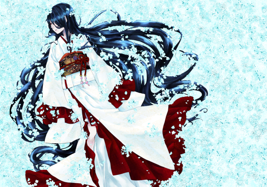 1girl, ak_atsuki0520, black_hair, fantasy, hair_over_one_eye, japanese_clothes, kimono, long_hair, long_sleeves, lying, obi, on_back, original, petals, sash, sleeves_past_fingers, sleeves_past_wrists, very_long_hair, white_kimono, wide_sleeves
