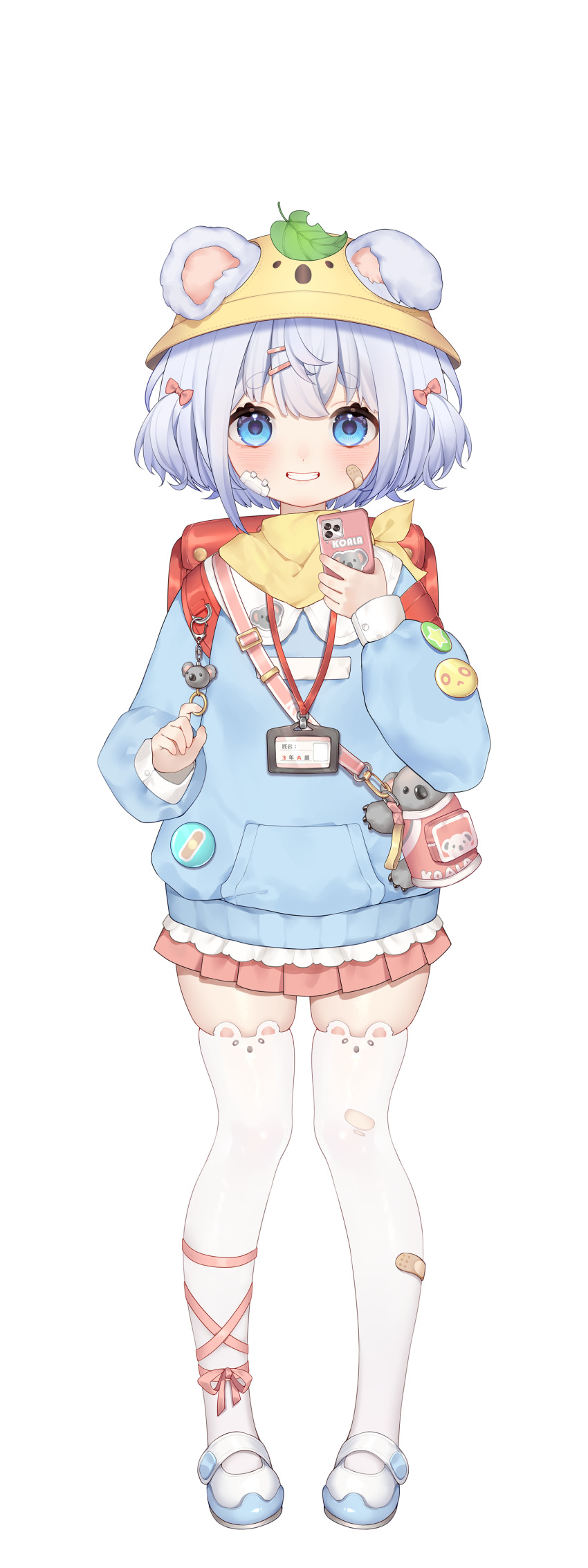 1girl, absurdres, animal_ear_legwear, backpack, bag, bandaid, bandaid_on_cheek, bandaid_on_face