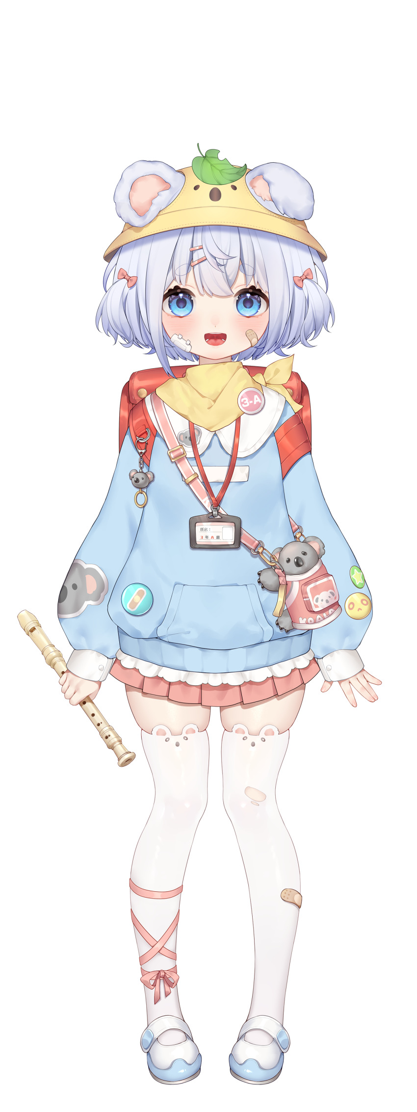 1girl, :d, absurdres, animal_ear_legwear, backpack, bag, bandaid, bandaid_on_cheek