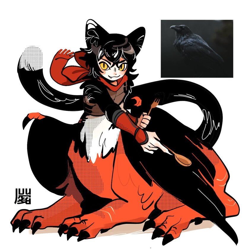 1girl, alternate_species, animal_ears, armor, bird, bird_wings, black_fur, black_hair, black_wings, blush_stickers, body_fur, bxnke, cat_ears, cat_girl, cat_tail, chimera, claws, commentary, dungeon_meshi, english_commentary, fang, feathered_wings, fork, from_side, full_body, highres, holding, holding_fork, holding_spoon, izutsumi, long_hair, looking_at_viewer, monster_girl, photo_inset, pointy_ears, red_scarf, reference_inset, scales, scarf, short_hair, simple_background, slit_pupils, solo, spoon, tail, white_background, wings, wooden_fork, wooden_spoon, yellow_eyes