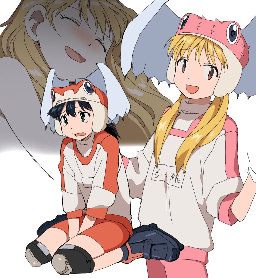 2girls, 4zw89qkqagggcf7, alien_nine, between_legs, black_hair, blonde_hair, borg_(alien_nine), closed_eyes