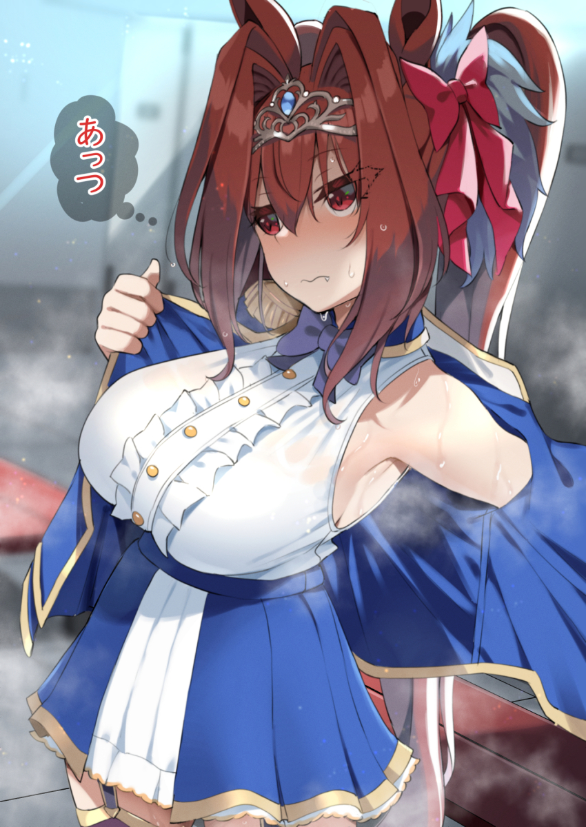 1girl, animal_ears, armpits, bare_shoulders, blurry, blurry_background, blush, breasts