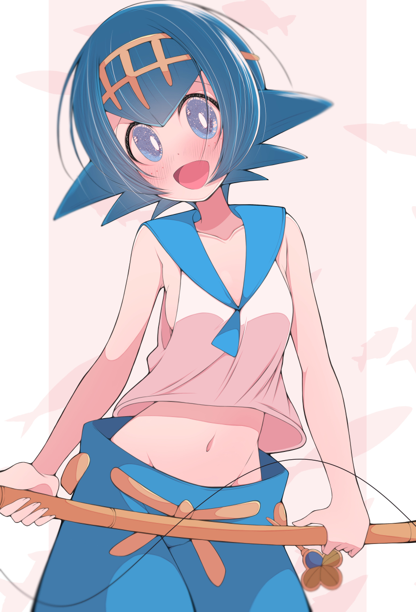 absurdres, blue_eyes, blue_hair, breasts, fishing_rod, fujiwara_hiro_(kaede_ciao), highres, lana_(pokemon)