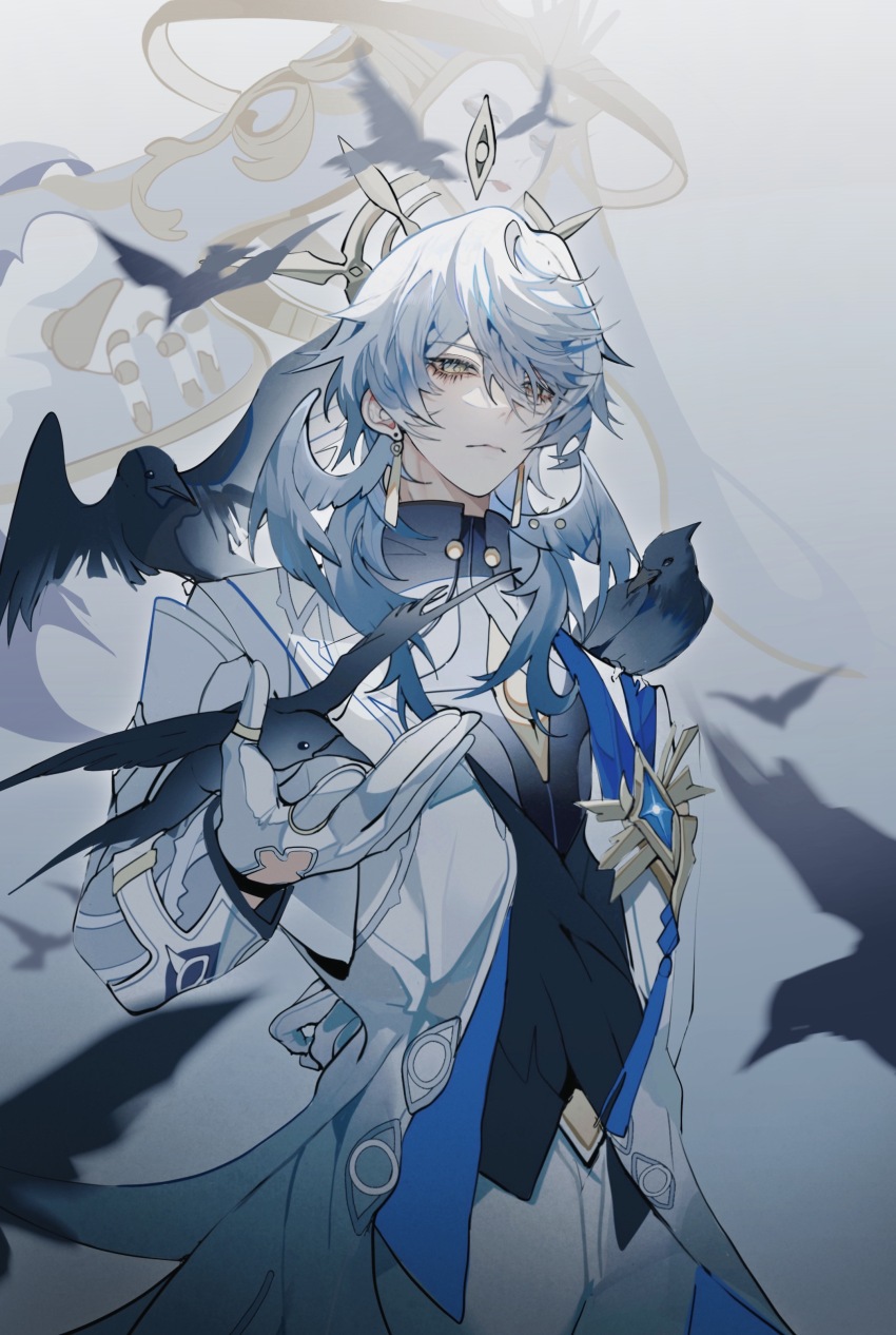 1boy, 1other, absurdres, animal, animal_on_shoulder, arm_behind_back, bird, bird_on_shoulder