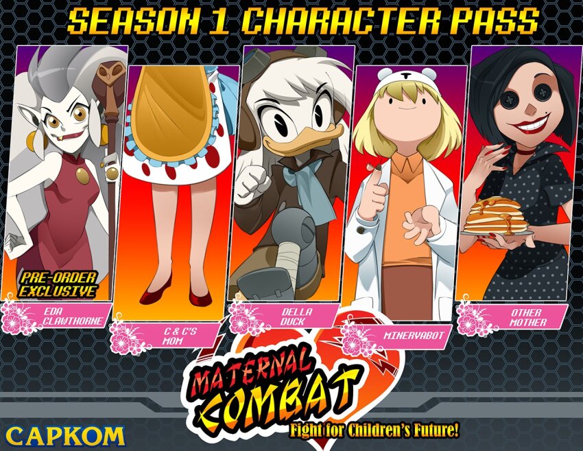 5girls, adventure_time, bleedman, button_eyes, buttons, character_request, coraline_(movie), cow_&amp;_chicken, della_duck, ducktales, edalyn_clawthorne, english_text, food, holding, holding_plate, looking_at_viewer, mickey_mouse_&amp;_friends, minerva_campbell, multiple_girls, other_mother, pancake, pancake_stack, plate, pointy_ears, red_footwear, source_request, the_owl_house, upper_body