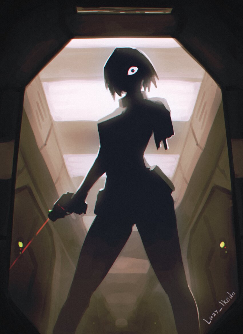 1girl, absurdres, amputee, android, backlighting, cyberpunk, elster_(signalis), gun