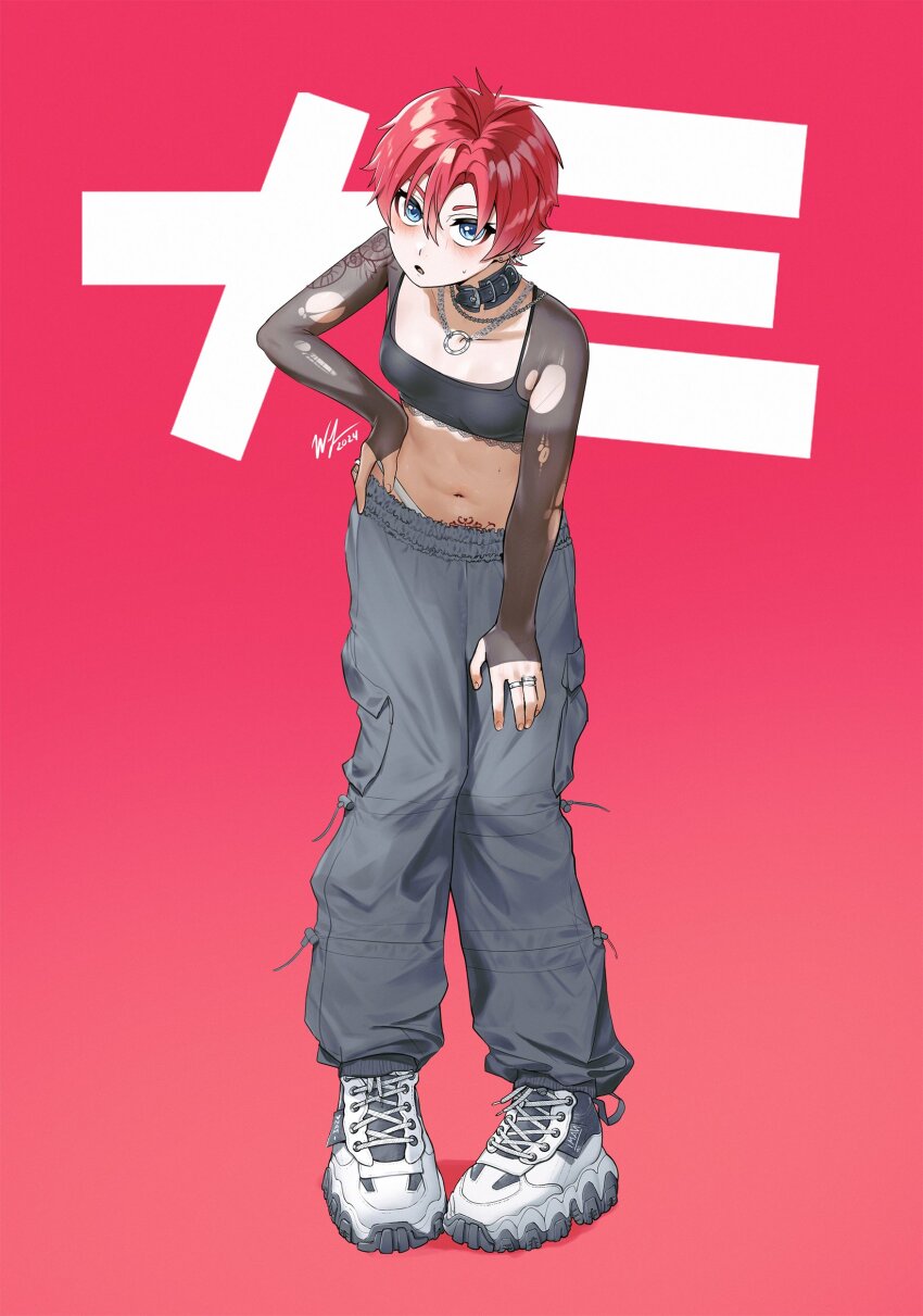 1girl, absurdres, alternate_costume, baggy_pants, black_sports_bra, blue_eyes, bokujou_monogatari, bokujou_monogatari:_wonderful_life, breasts, choker, highres, jewelry, midriff, nami_(bokujou_monogatari), navel, open_mouth, panties, pants, panty_peek, pubic_tattoo, red_hair, ring, shoes, short_hair, simple_background, small_breasts, sneakers, sports_bra, tattoo, tomboy, torn_clothes, torn_sleeves, underwear, waligner, white_panties